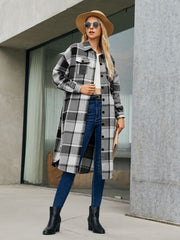 Plaid Pocketed Button Up Trench Coat - Flyclothing LLC