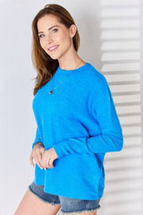 Zenana Ribbed Trim Round Neck Long Sleeve Top - Flyclothing LLC