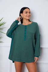 Half Button Up Round Neck Blouse - Flyclothing LLC