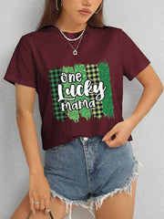 ONE LUCKY MAMA Round Neck T-Shirt - Trendsi