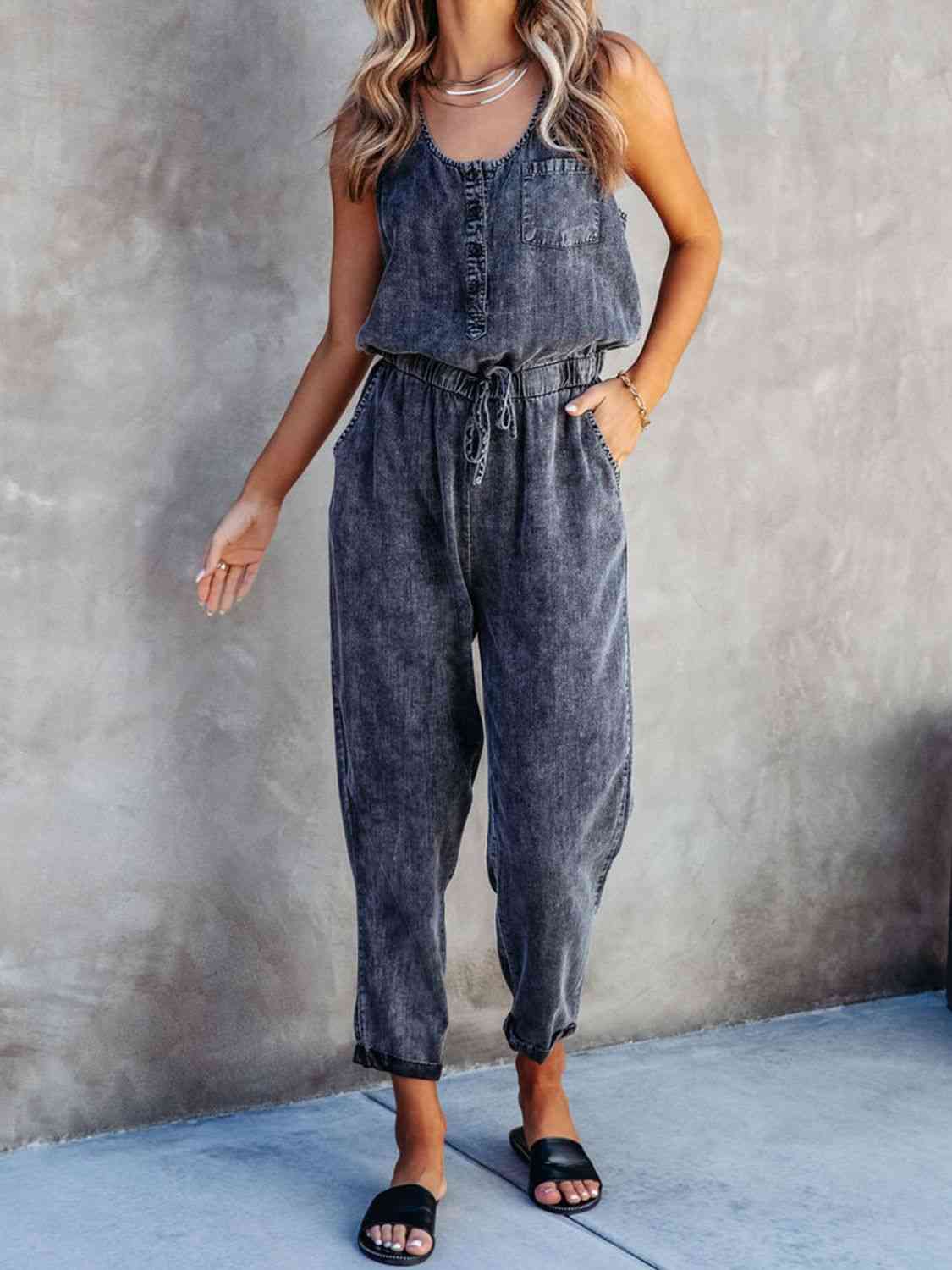 Drawstring Waist Sleeveless Jumpsuit - Flyclothing LLC