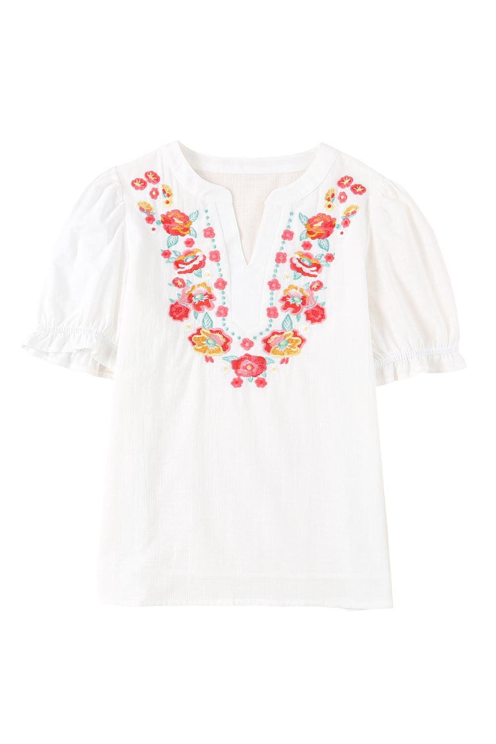 Embroidered Notched Neck Flounce Sleeve Top - Flyclothing LLC