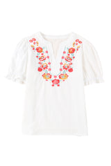 Embroidered Notched Neck Flounce Sleeve Top - Flyclothing LLC