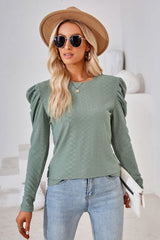 Round Neck Puff Sleeve Blouse - Flyclothing LLC