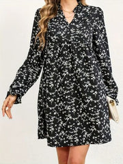 Ditsy Floral Notched Flounce Sleeve Dress - Flyclothing LLC