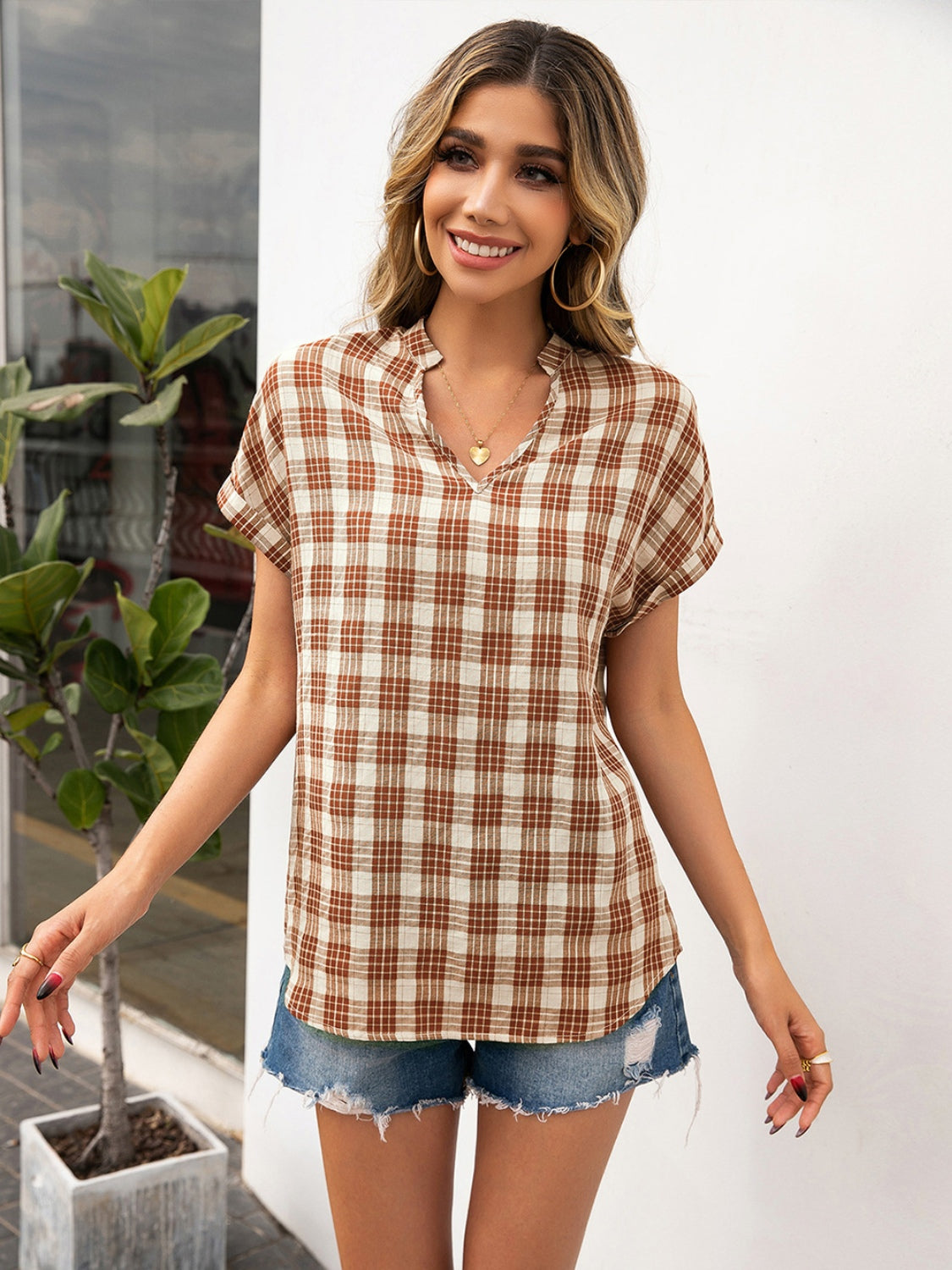 Plaid Notched Short Sleeve Blouse - Flyclothing LLC