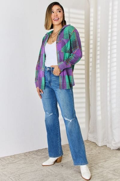 Zenana Plaid Button Up Long Sleeve Shacket - Flyclothing LLC