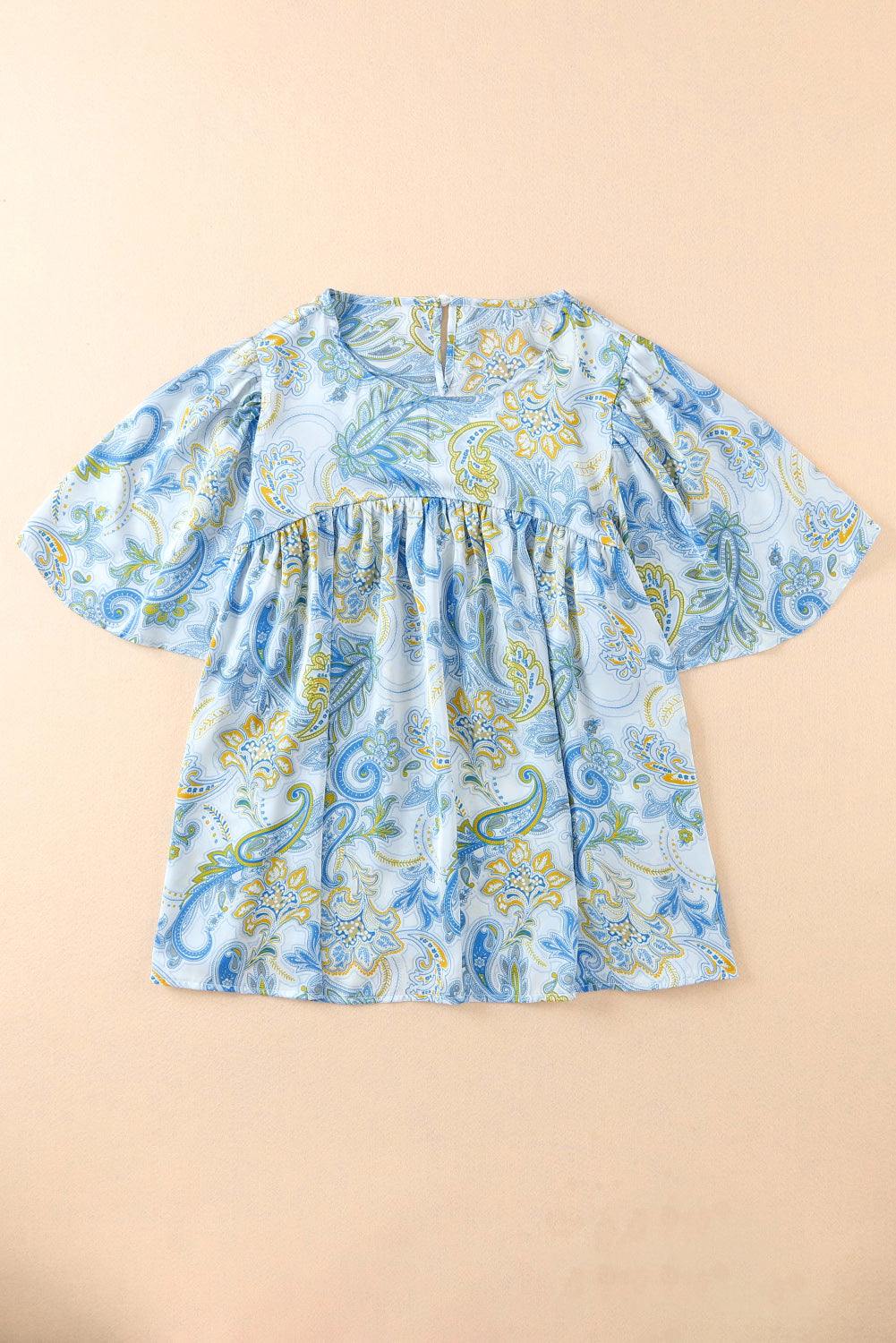 Printed Round Neck Short Sleeve Blouse - Flyclothing LLC