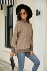 Heathered Slit High-Low Long Sleeve Top - Trendsi