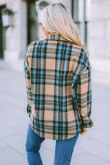 Plaid Curved Hem Shirt Jacket with Breast Pockets - Flyclothing LLC