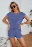 Ribbed Round Neck Pocket Knit Top and Shorts Set - Flyclothing LLC