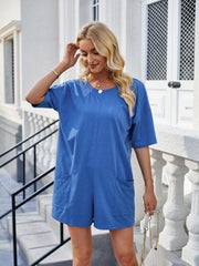 Backless Pocketed Round Neck Half Sleeve Romper - Trendsi