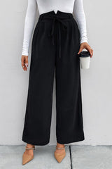 High Waist Ruched Tie Front Wide Leg Pants - Flyclothing LLC