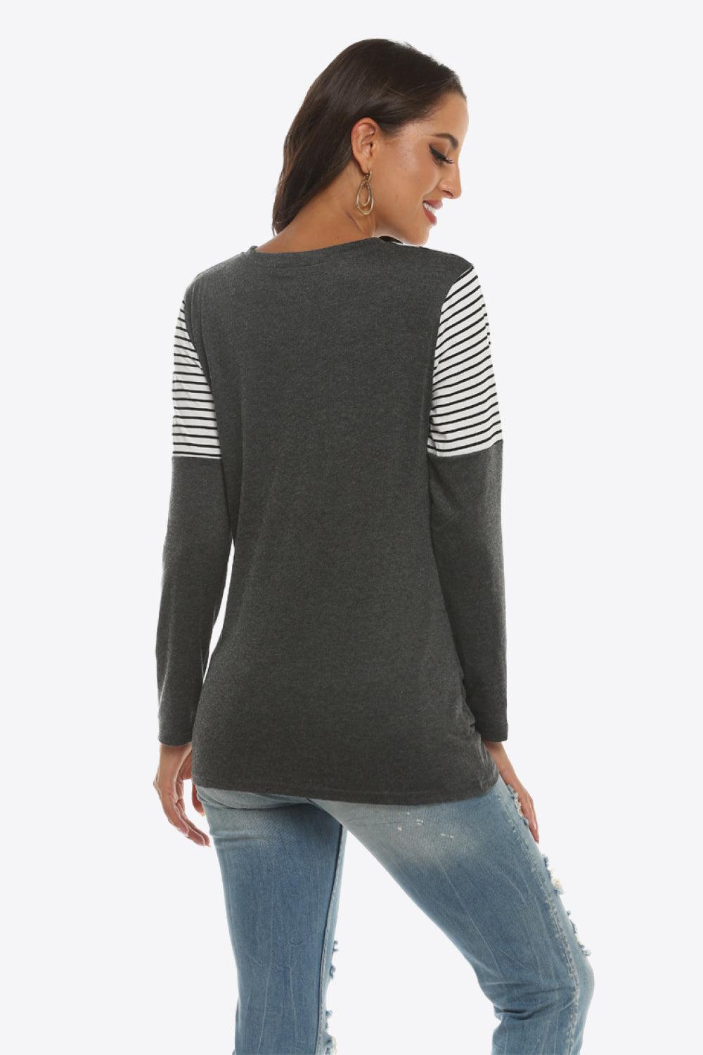 Mixed Print Gathered Detail Long Sleeve Top - Flyclothing LLC