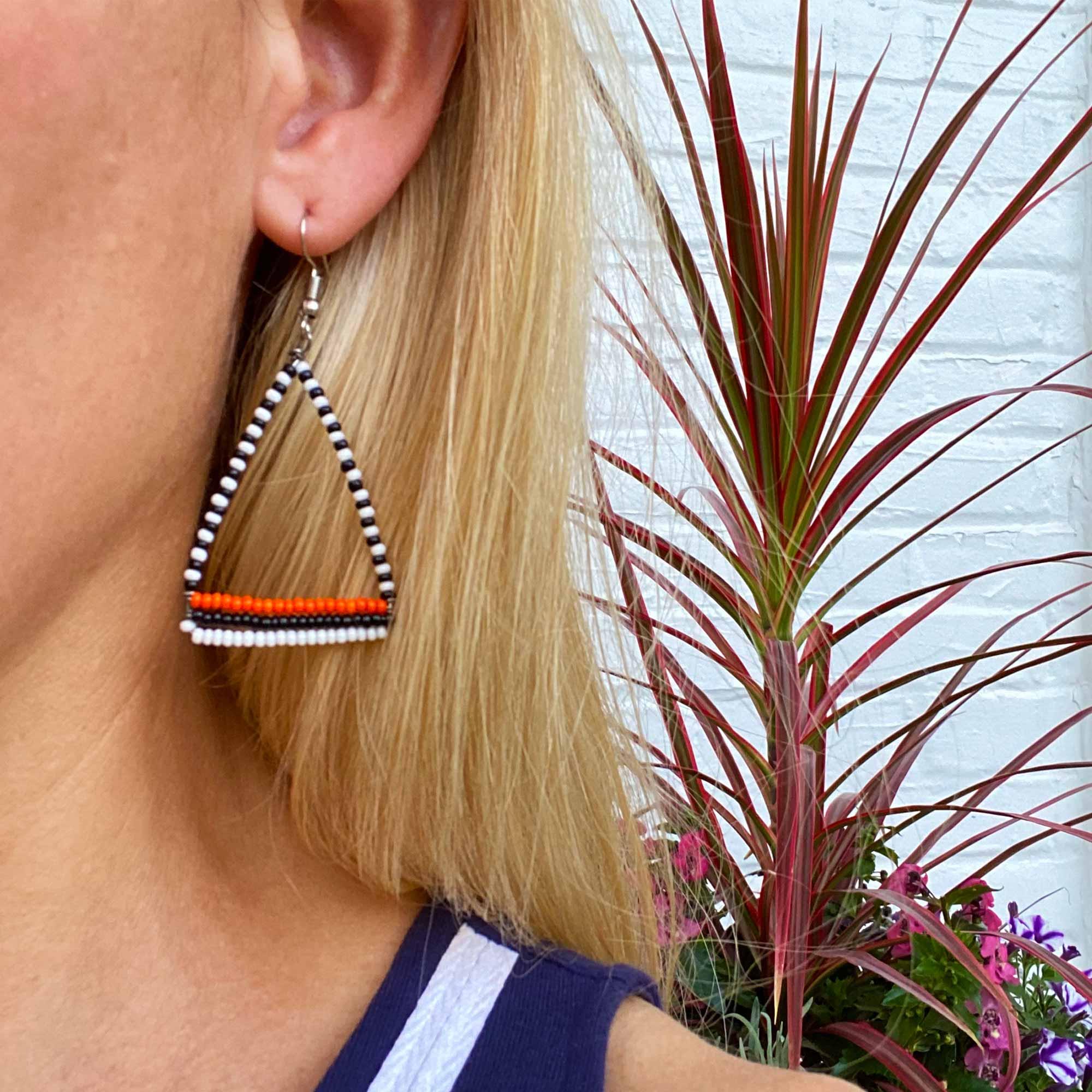 Maasai Bead Triangle Dangle Earrings, Black/White/Orange - Flyclothing LLC