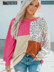 Color Block Leopard Round Neck Sweatshirt - Trendsi