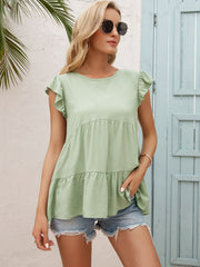 Round Neck Flutter Sleeve Tiered Blouse - Flyclothing LLC