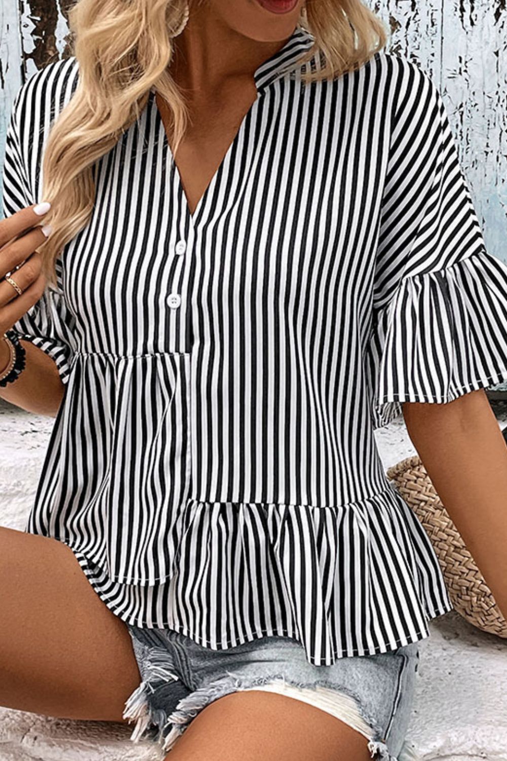 Striped Asymmetrical Flounce Sleeve Blouse - Flyclothing LLC