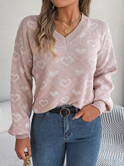 Heart Pattern V-Neck Long Sleeve Sweater - Flyclothing LLC