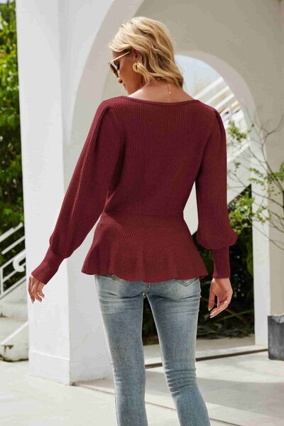 （No）Ribbed Round Neck Lantern Sleeve Sweater - Flyclothing LLC