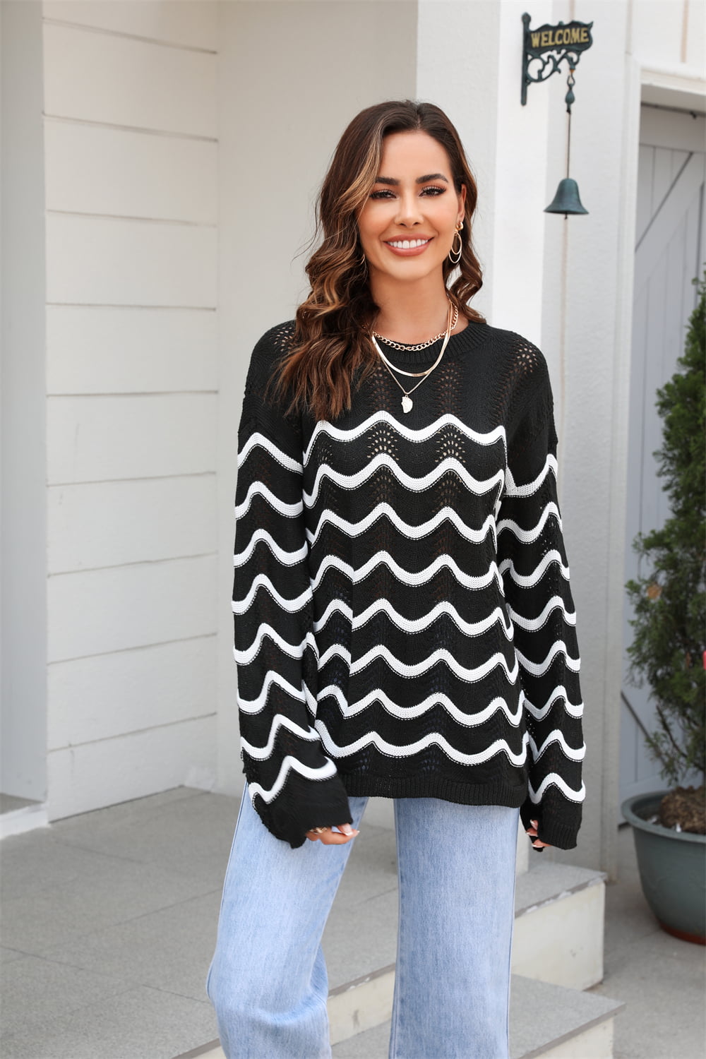 Wave Pattern Round Neck Long Sleeve Sweater - Flyclothing LLC