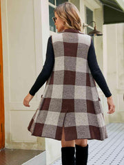 Plaid Lapel Collar Sleeveless Cardigan - Flyclothing LLC