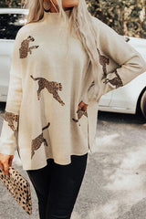 Animal Pattern Mock Neck Long Sleeve Slit Sweater - Flyclothing LLC