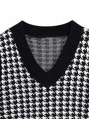 Houndstooth V-Neck Sweater Vet - Trendsi