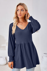 V-Neck Lantern Sleeve Blouse - Flyclothing LLC