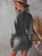 Belted Surplice Lantern Sleeve Wrap Sweater Dress - Trendsi