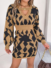 Contrast Round Neck Cutout Long Sleeve Mini Sweater Dress - Flyclothing LLC