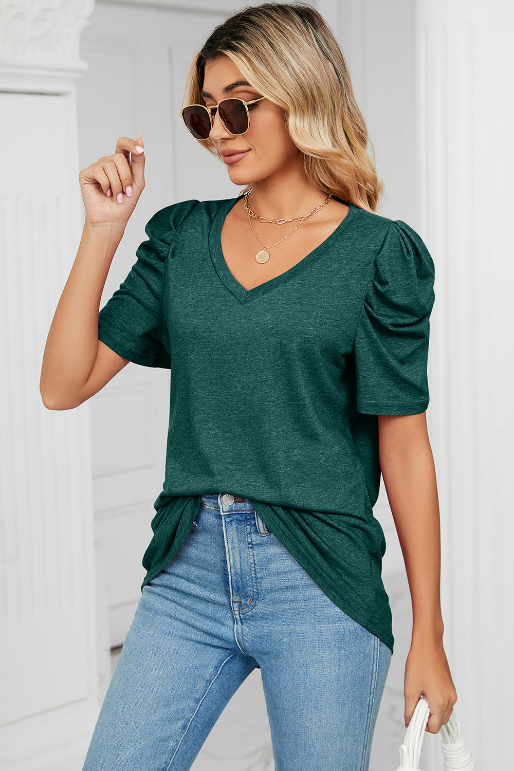 Heathered V-Neck Puff Sleeve T-Shirt - Flyclothing LLC