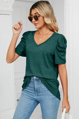 Heathered V-Neck Puff Sleeve T-Shirt - Trendsi