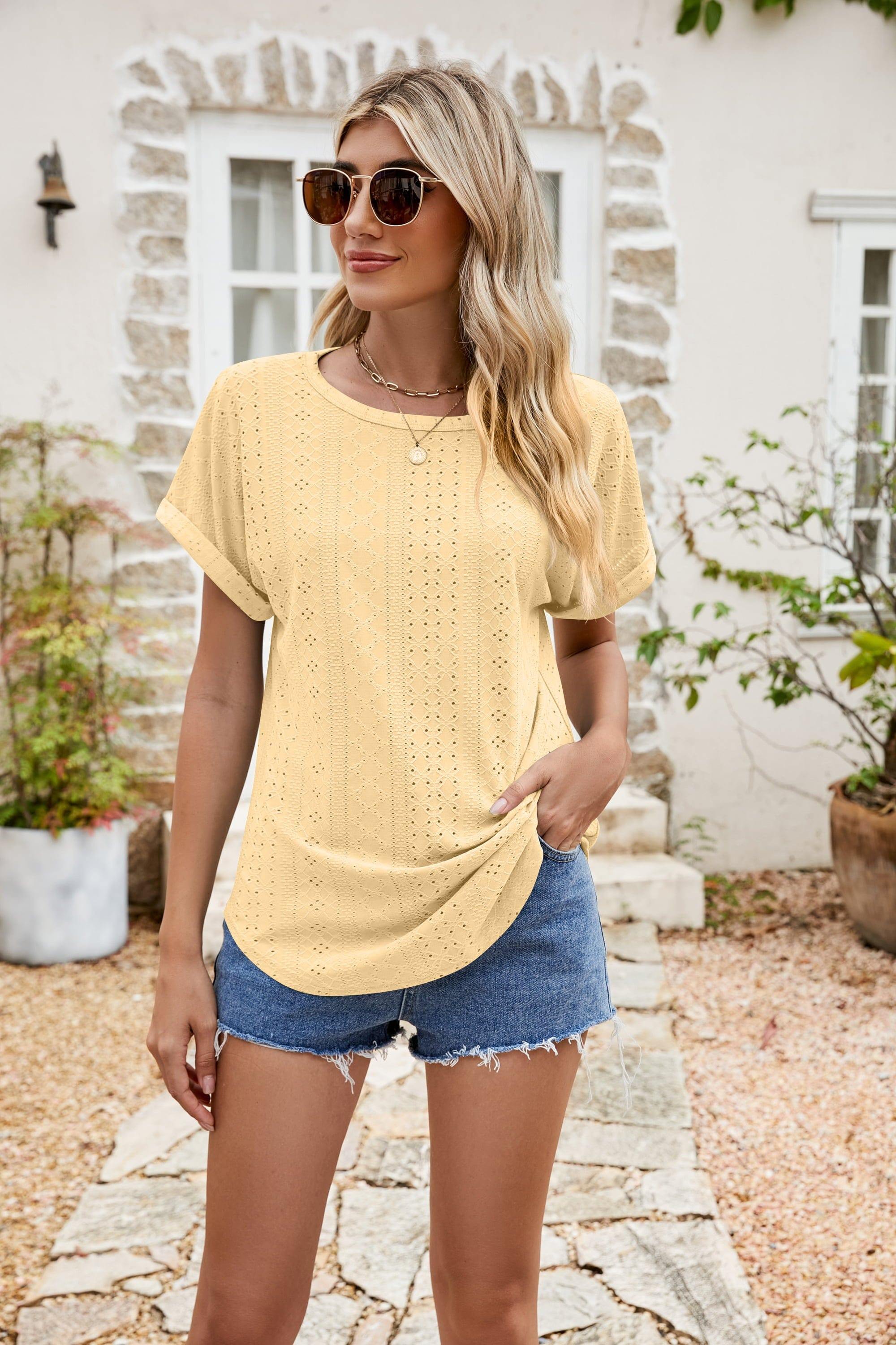 Full Size Round Neck Eyelet Short Sleeve Top - Flyclothing LLC