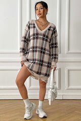 Plaid V-Neck Long Sleeve Sweater Dress - Flyclothing LLC