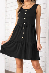 Decorative Button Scoop Neck Sleeveless Tiered Dress - Flyclothing LLC