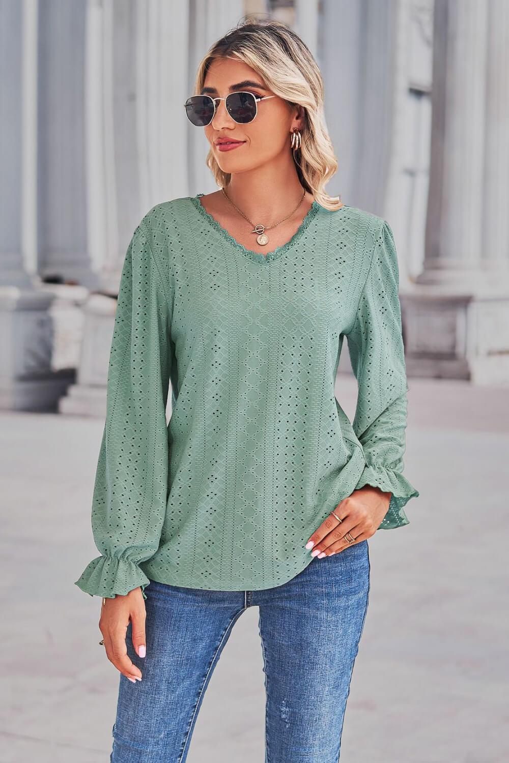 Lace Trim V-Neck Flounce Sleeve Top - Trendsi