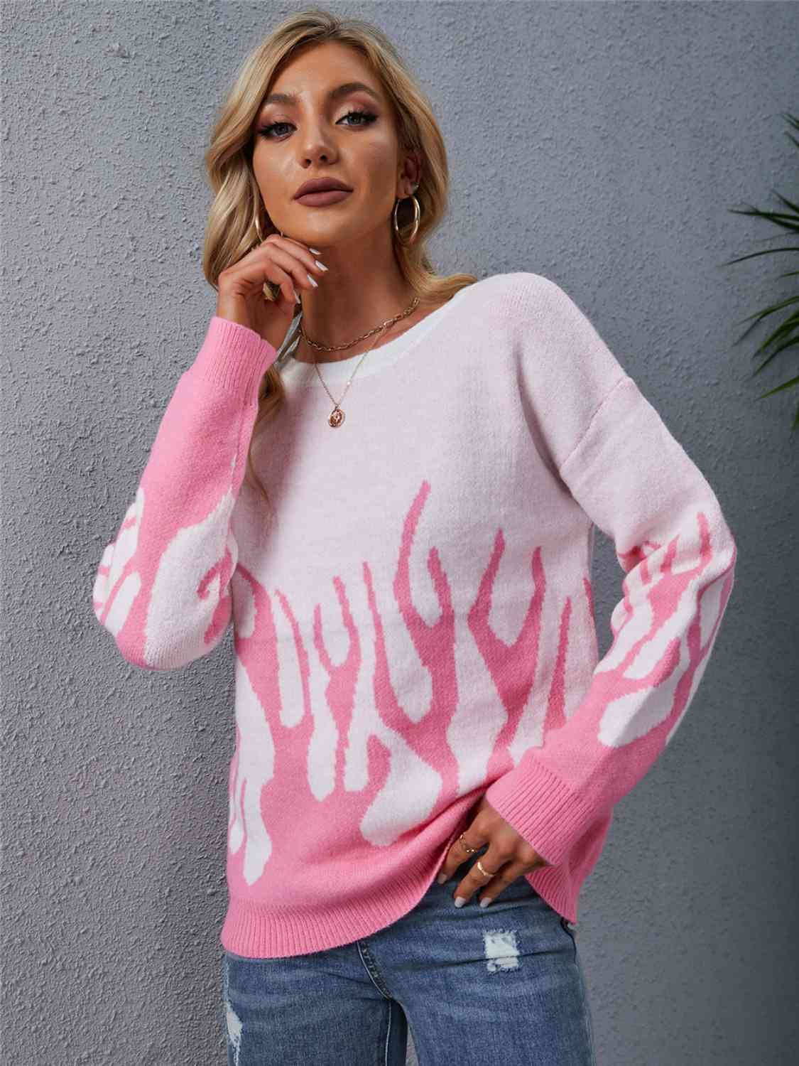 Printed Round Neck Long Sleeve Sweater - Flyclothing LLC