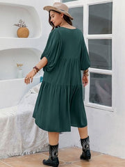 Plus Size Tie Neck Balloon Sleeve Midi Dress - Flyclothing LLC