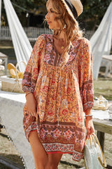 Bohemian Tie Neck Balloon Sleeve Dress - Flyclothing LLC