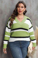 Plus Size Striped V-Neck Dropped Shoulder Sweater - Flyclothing LLC