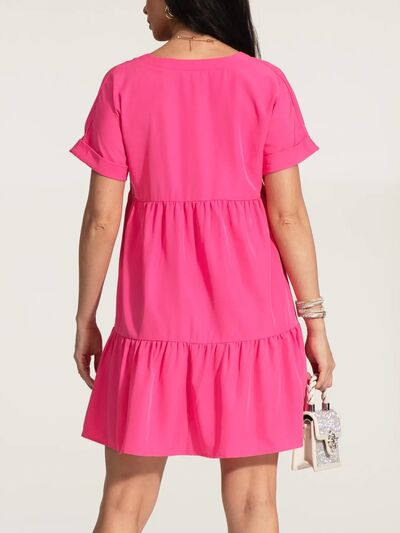 V-Neck Short Sleeve Ruffle Hem Dress - Flyclothing LLC