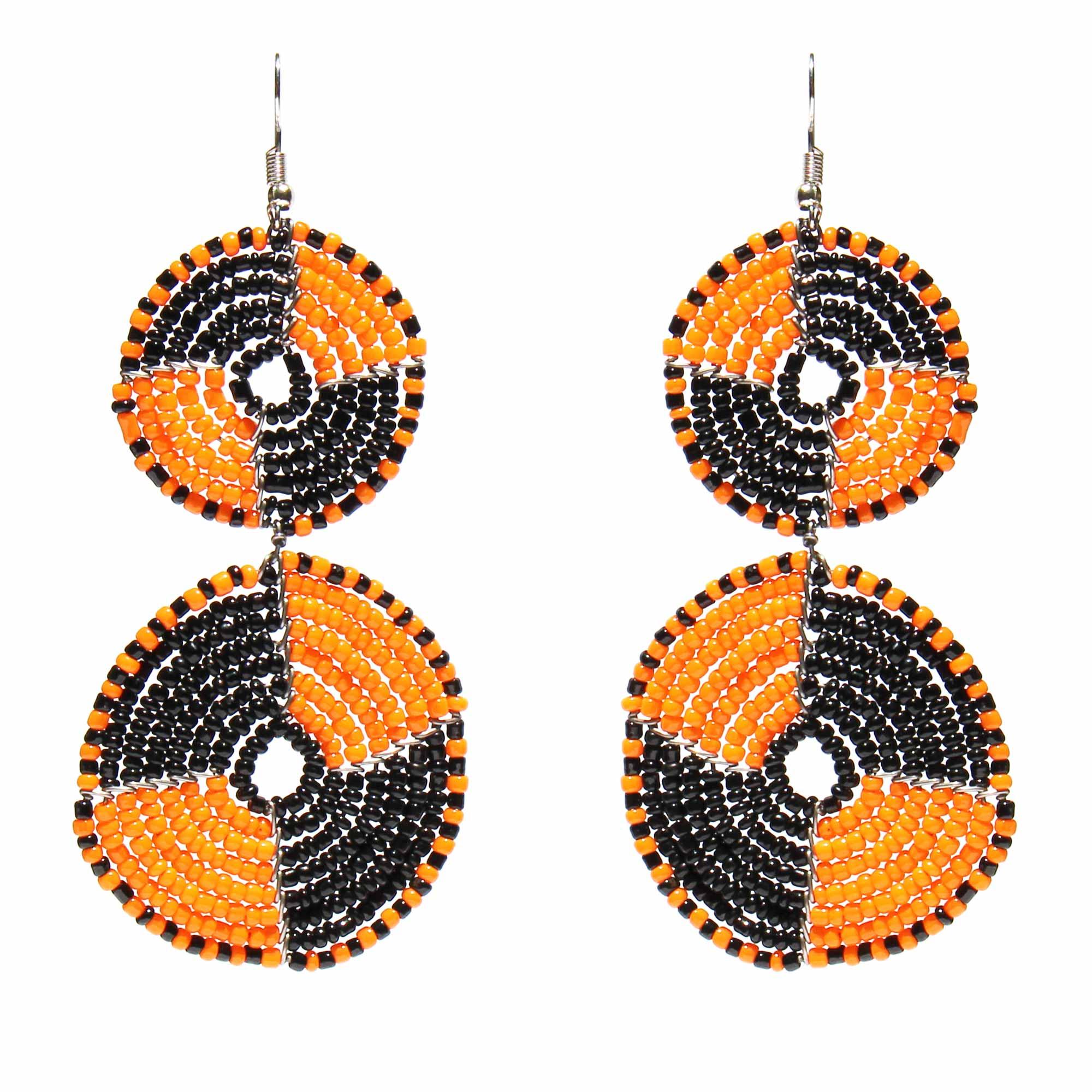 Maasai Bead Double Circle Dangle Earrings, Mango Orange and Black - Flyclothing LLC