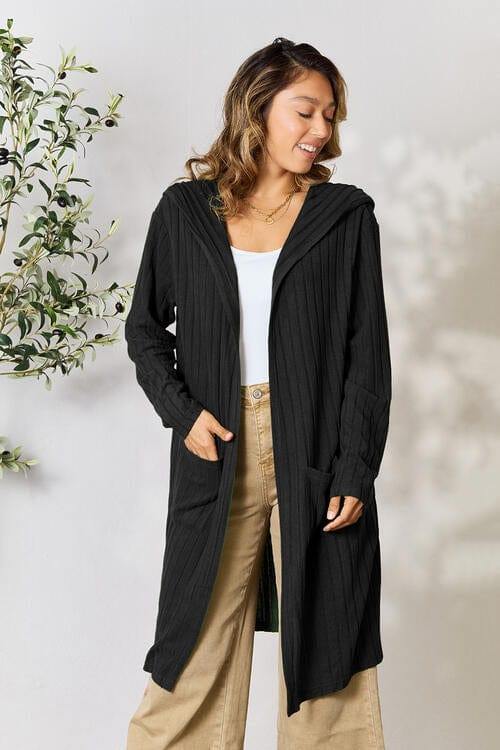 Basic Bae Full Size Ribbed Open Front Long Sleeve Cardigan - Trendsi