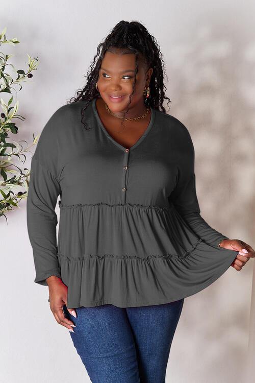 Double Take Half Button Long Sleeve Ruffle Hem Blouse - Flyclothing LLC