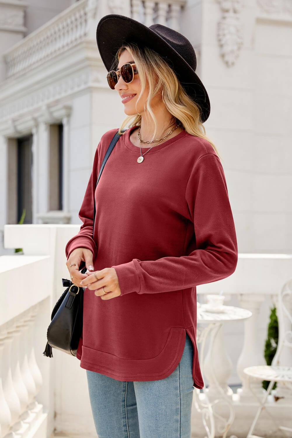 Round Neck Slit Tunic Top - Flyclothing LLC