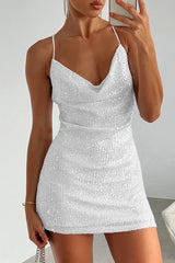 Cowl Neck Contrast Sequin Sleeveless Mini Dress - Trendsi