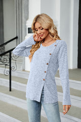 Buttoned Long Sleeve Slit Top - Flyclothing LLC