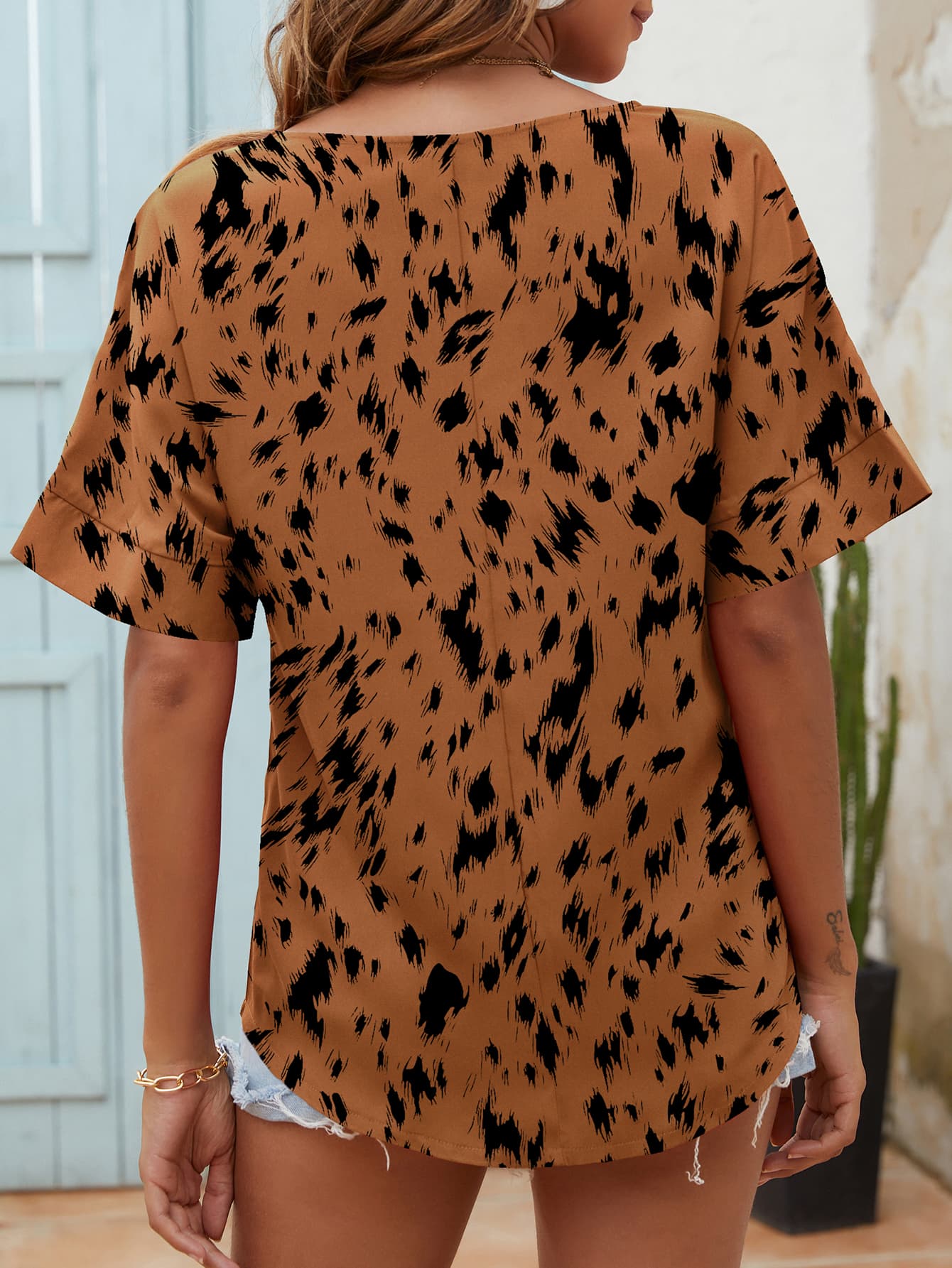 Printed Notched Neck Half Sleeve Blouse - Flyclothing LLC