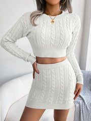 Cable-Knit Round Neck Top and Skirt Sweater Set - Flyclothing LLC